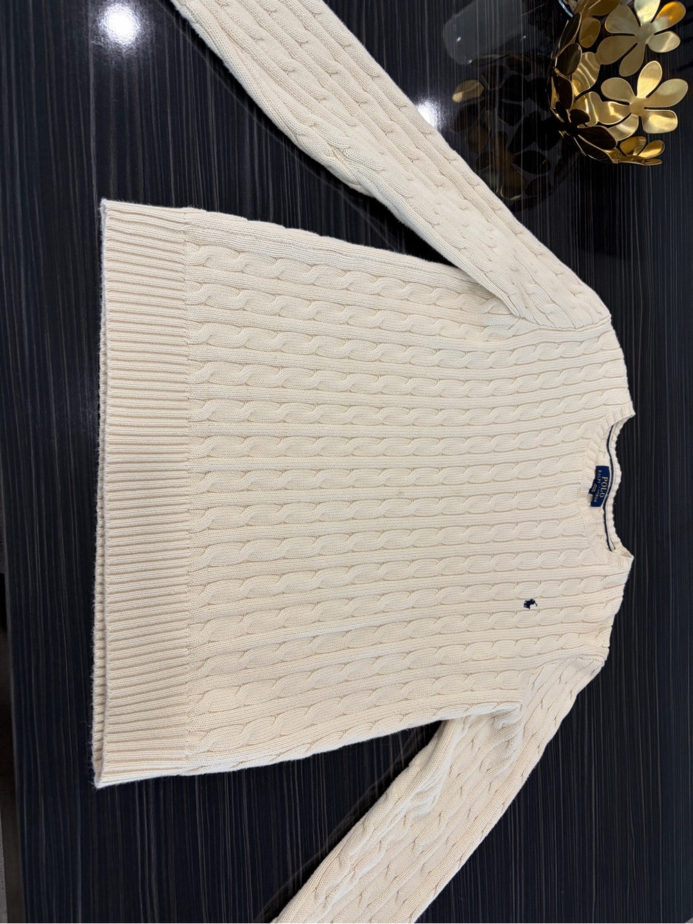 Ralph Lauren Cream Cable-Knit Crewneck Sweater